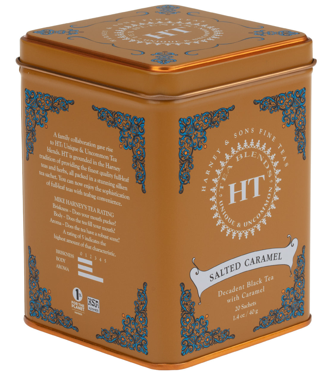 "HT Salted Caramel black tea tin, featuring elegant design and 20 tea sachets for a decadent flavor experience.