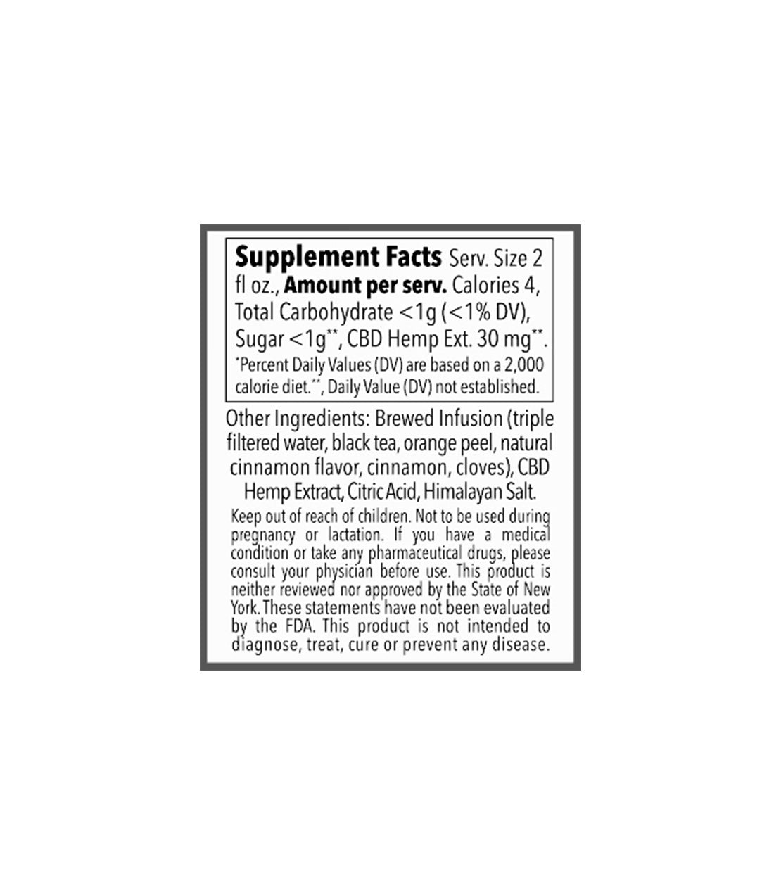 Supplement facts label for Hot Cinnamon Shot with 30 MG hemp, detailing ingredients and nutritional information.