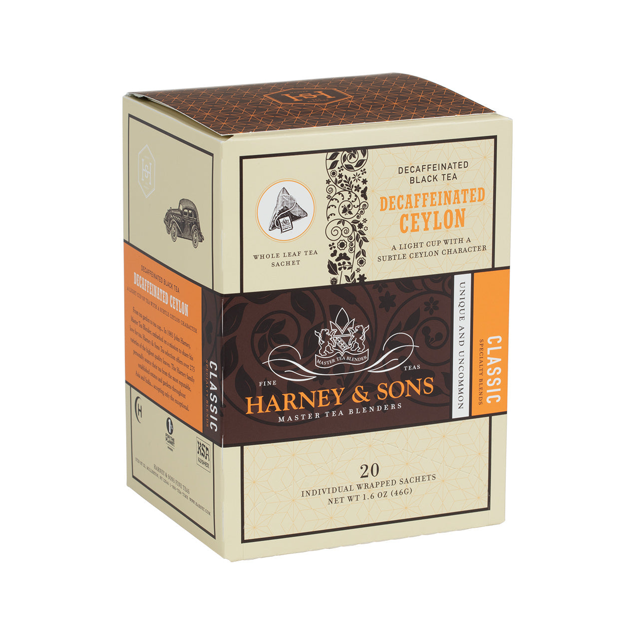 Box of Harney & Sons Decaf Ceylon tea, featuring 20 individual sachets of decaffeinated orange pekoe tea.