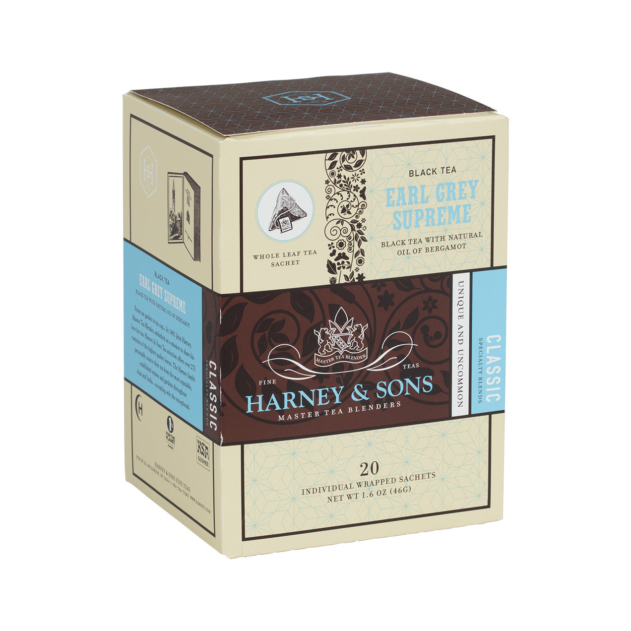 Harney & Sons Earl Grey Supreme black tea box with 20 individual sachets, featuring elegant packaging design.