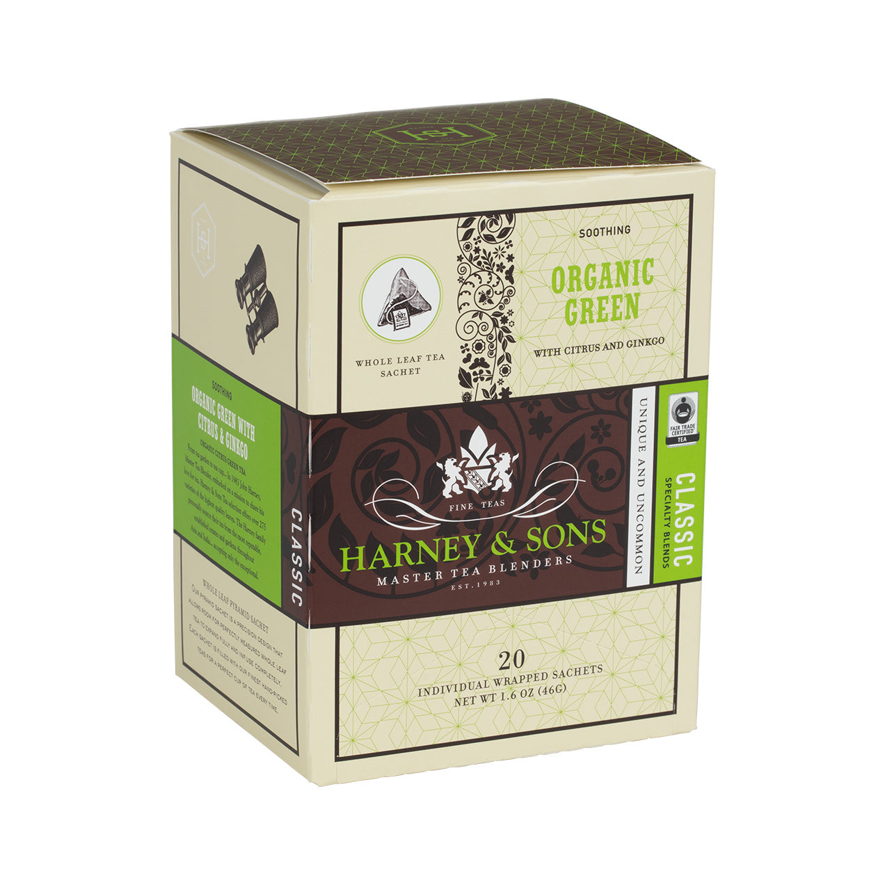 Harney & Sons Organic Green Tea box with citrus and ginkgo, featuring 20 individual wrapped sachets.