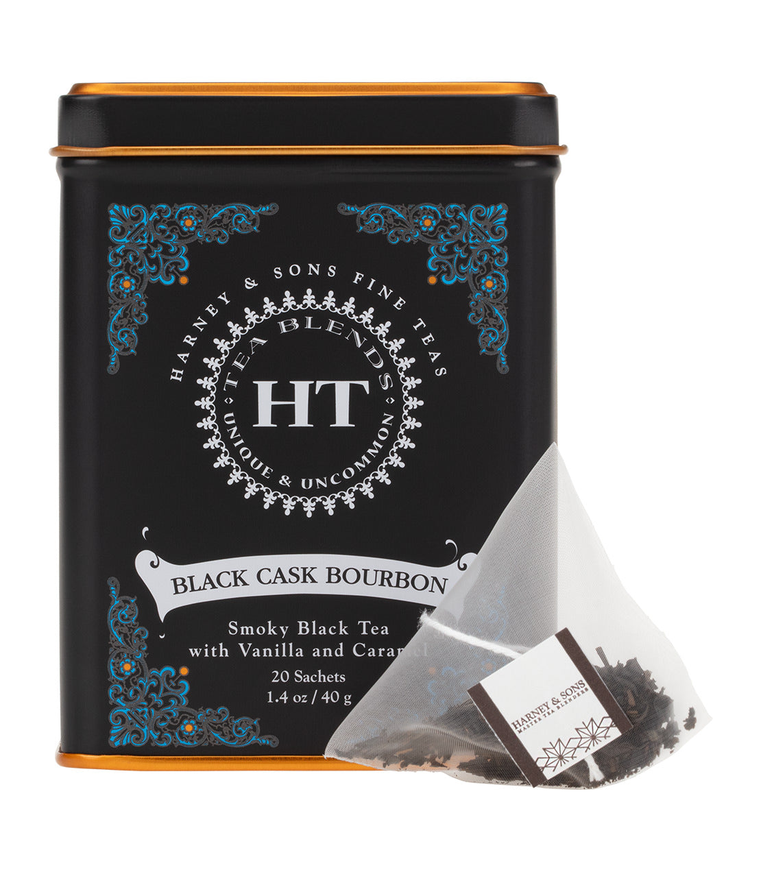Black Cask Bourbon tea tin by Harney & Sons, containing 20 sachets of smoky black tea with vanilla and caramel.