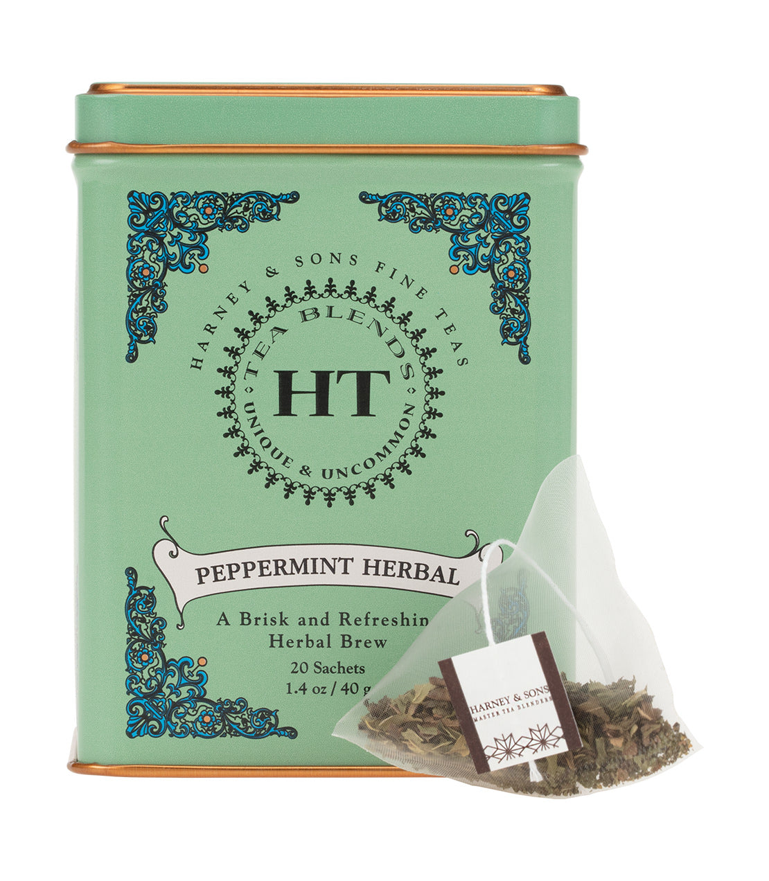 Green tin of Peppermint Herbal tea sachets by Harvey & Sons, featuring 20 individual sachets for a refreshing brew.