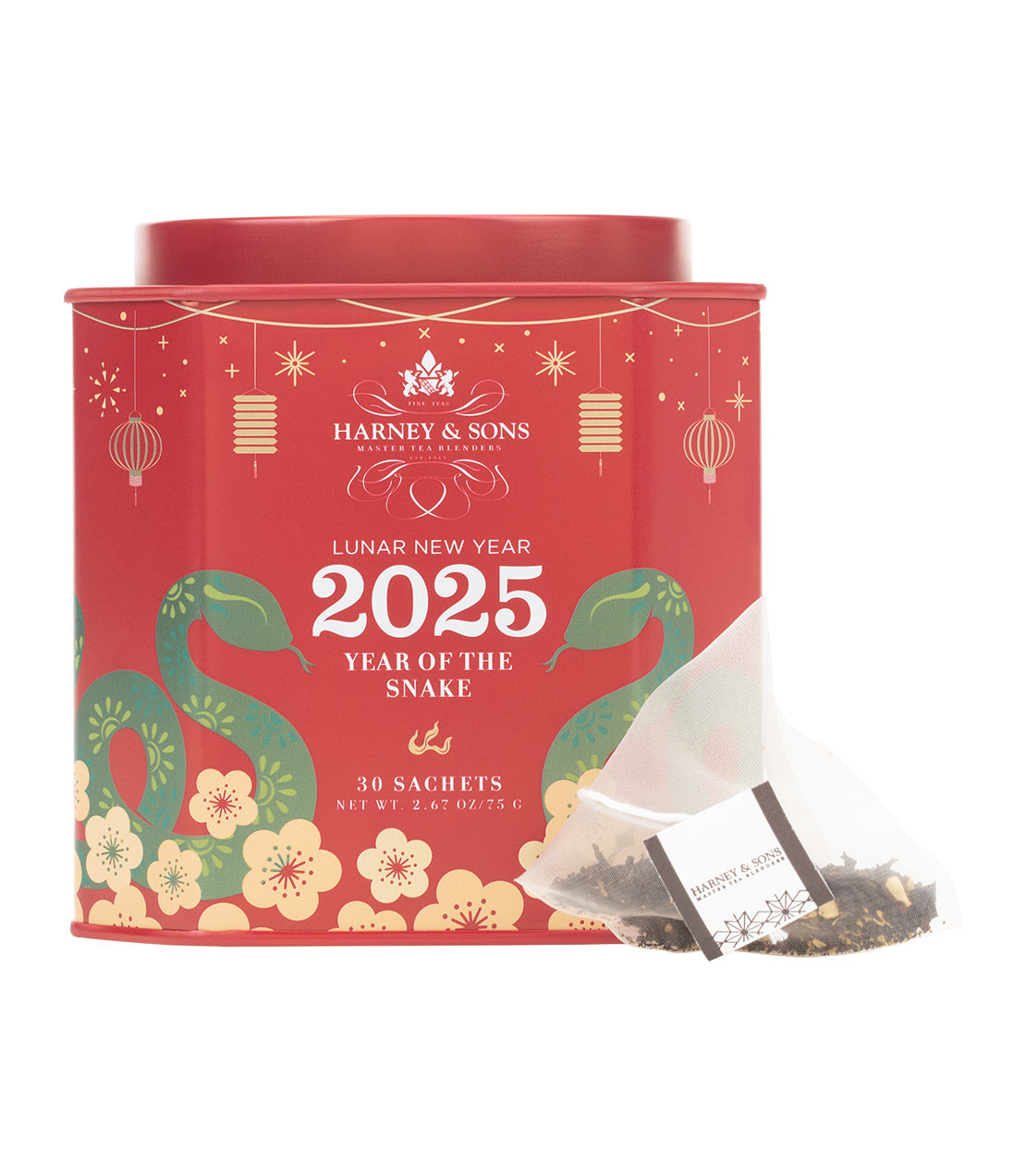 Red tin of Harney & Sons tea for Lunar New Year 2025, featuring snake designs and 30 tea sachets included.