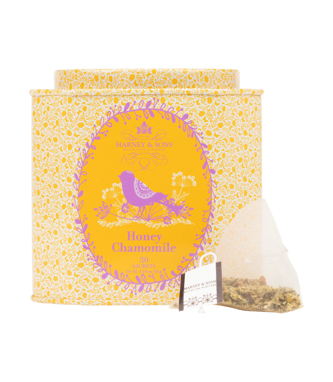 Honey Chamomile tea tin with 30 sachets, featuring a vibrant yellow design and a bird illustration.