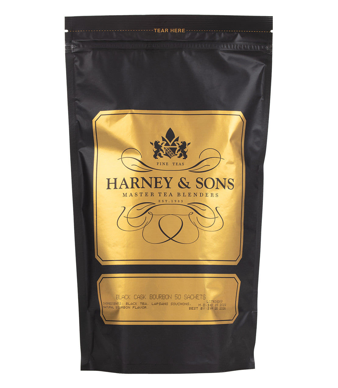Black Cask Bourbon tea sachets by Harney & Sons, 50-count bag, featuring elegant black and gold packaging.