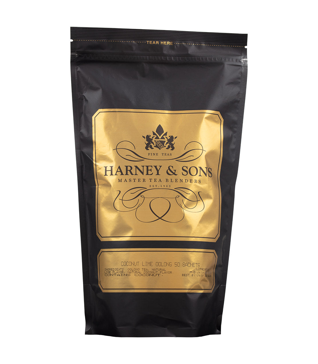 Harney & Sons Coconut Lime Oolong tea bag packaging, featuring 50 sachets in a sleek black and gold design.