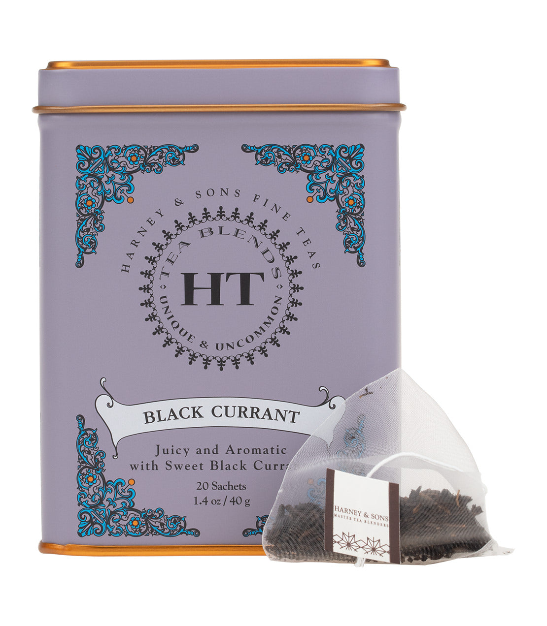 Black Currant tea tin by Harney & Sons, containing 20 aromatic sachets for a flavorful brew.