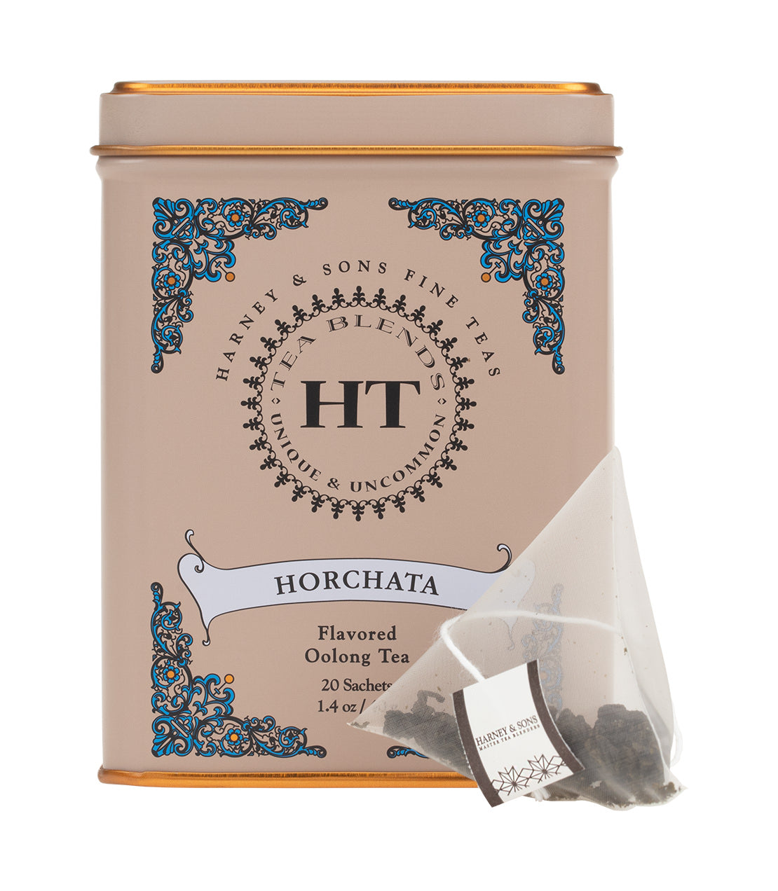 "Horchata flavored oolong tea in a decorative tin containing 20 sachets, featuring elegant design.