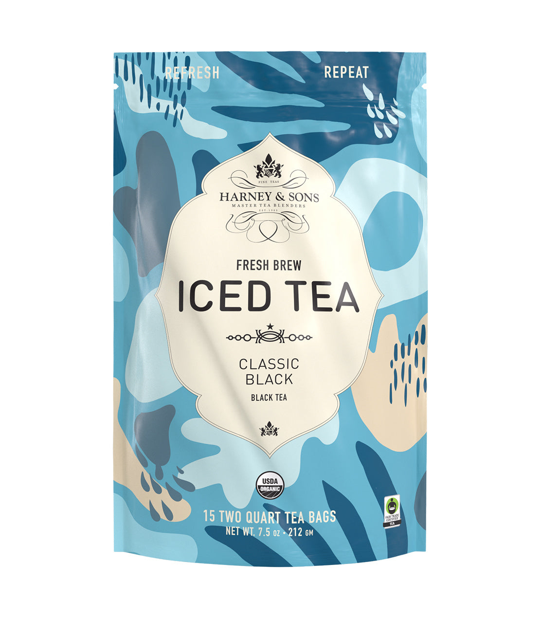 Organic Classic Black Fresh Brew Iced Tea packaging featuring a blue abstract design and 15 tea bags.