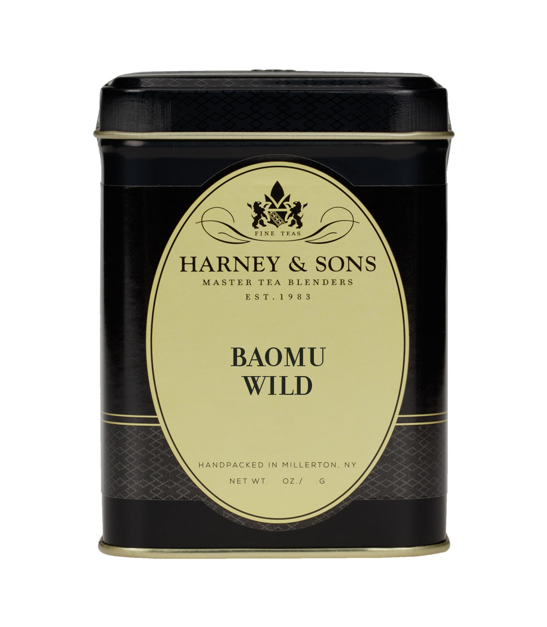 Harney & Sons BaoMu Wild tea tin, black and gold design, 3 oz, handpacked in Millerton, NY.