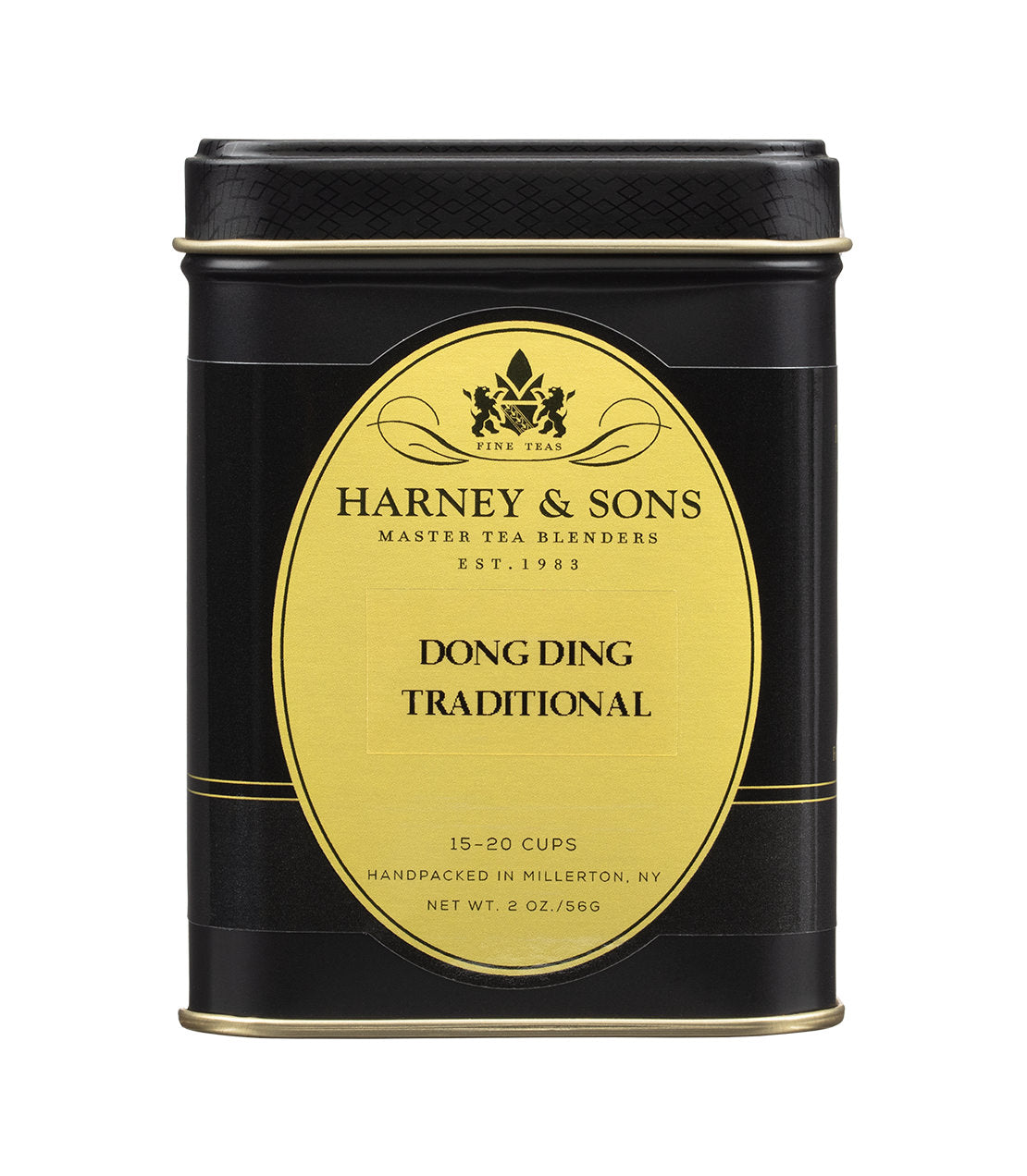 Black tea tin labeled "Dong Ding Traditional" by Harney & Sons, containing 2 oz for 15-20 cups.