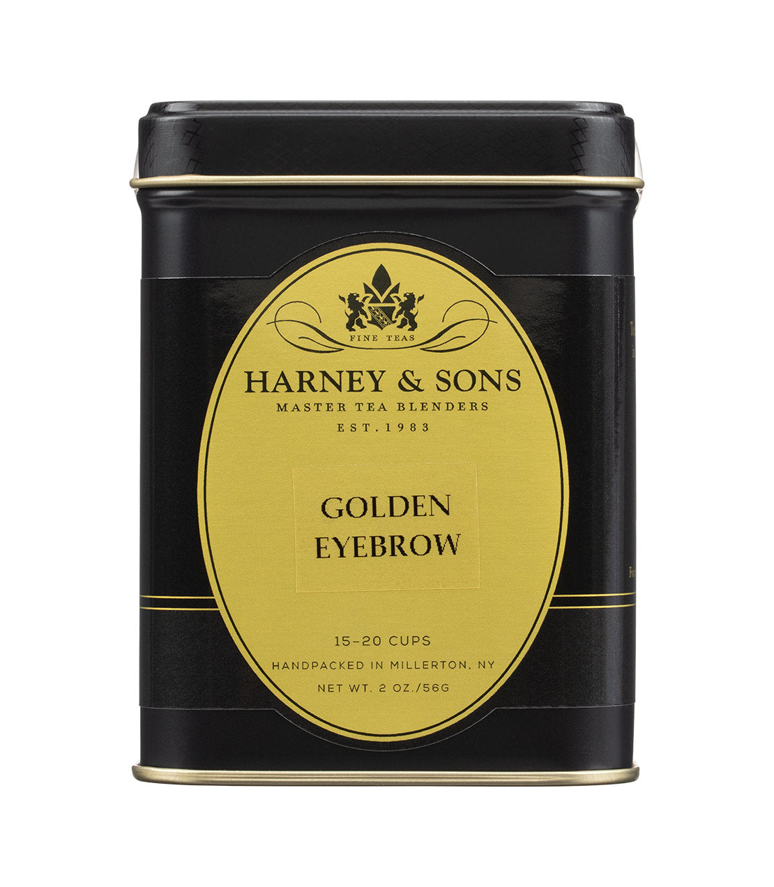 Black tea tin labeled "Golden Eyebrow" by Harney & Sons, containing 2 oz of tea for 15-20 cups.
