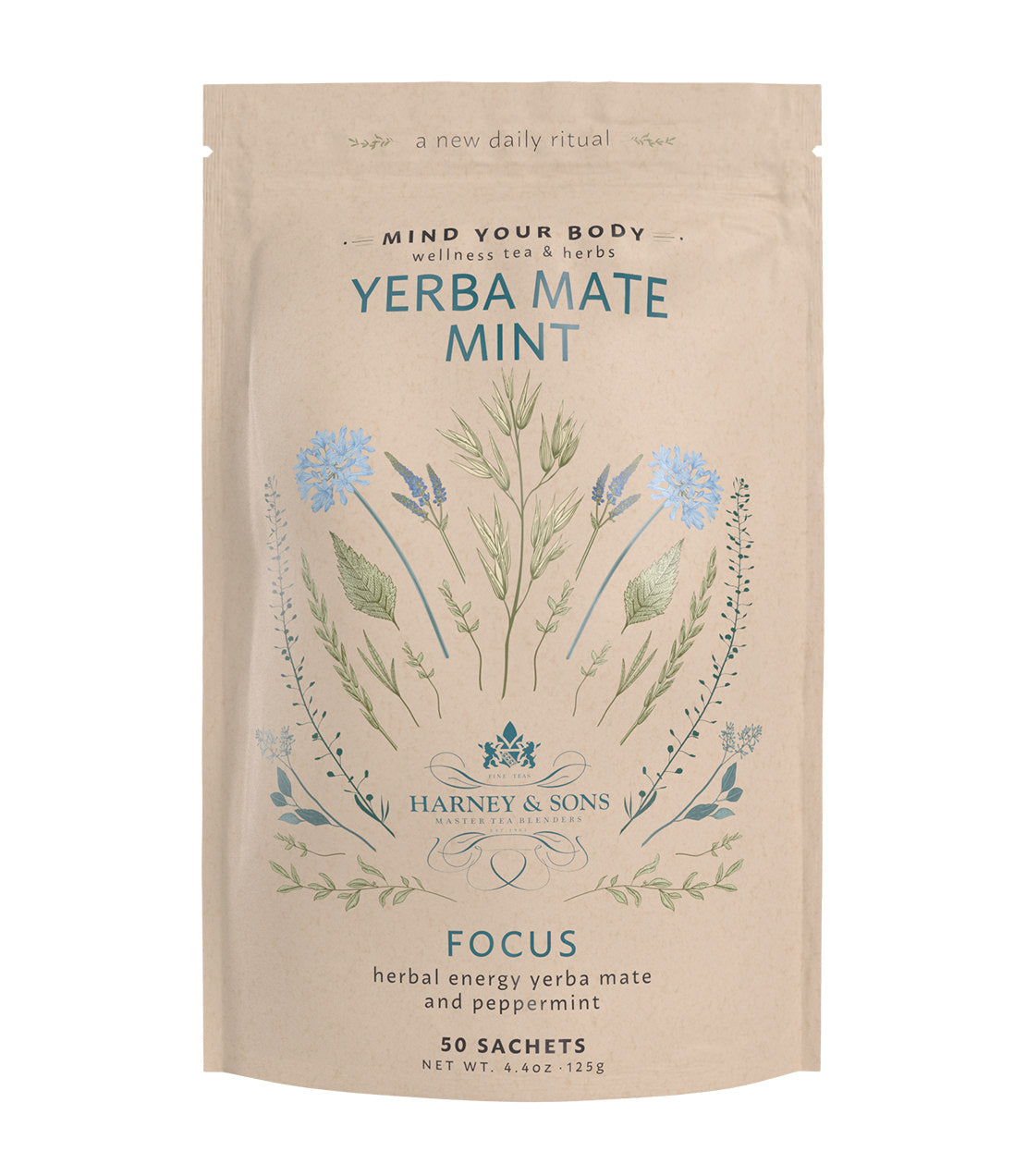Bag of 50 Yerba Mate Mint sachets by Harney & Sons, featuring herbal energy blend with mint and floral design.