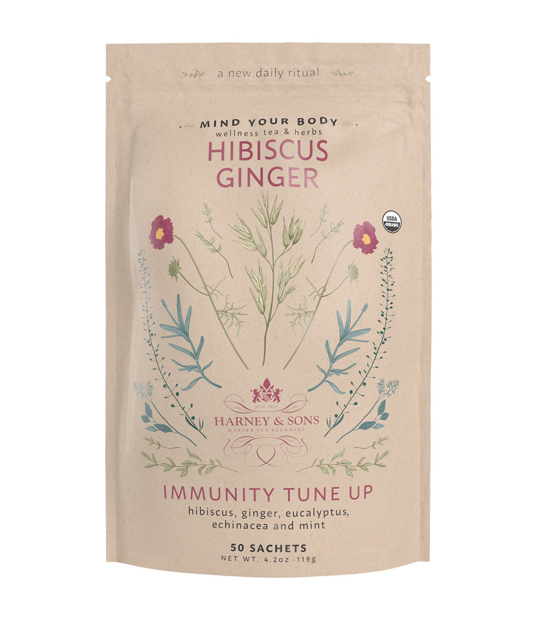 Organic Hibiscus Ginger tea packaging featuring floral designs, promoting immunity with 50 sachets.