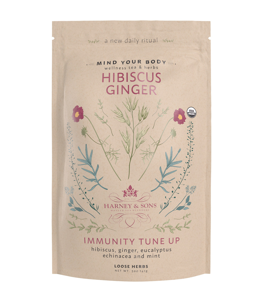 Organic Hibiscus Ginger tea packaging featuring floral designs and wellness benefits for immunity support.