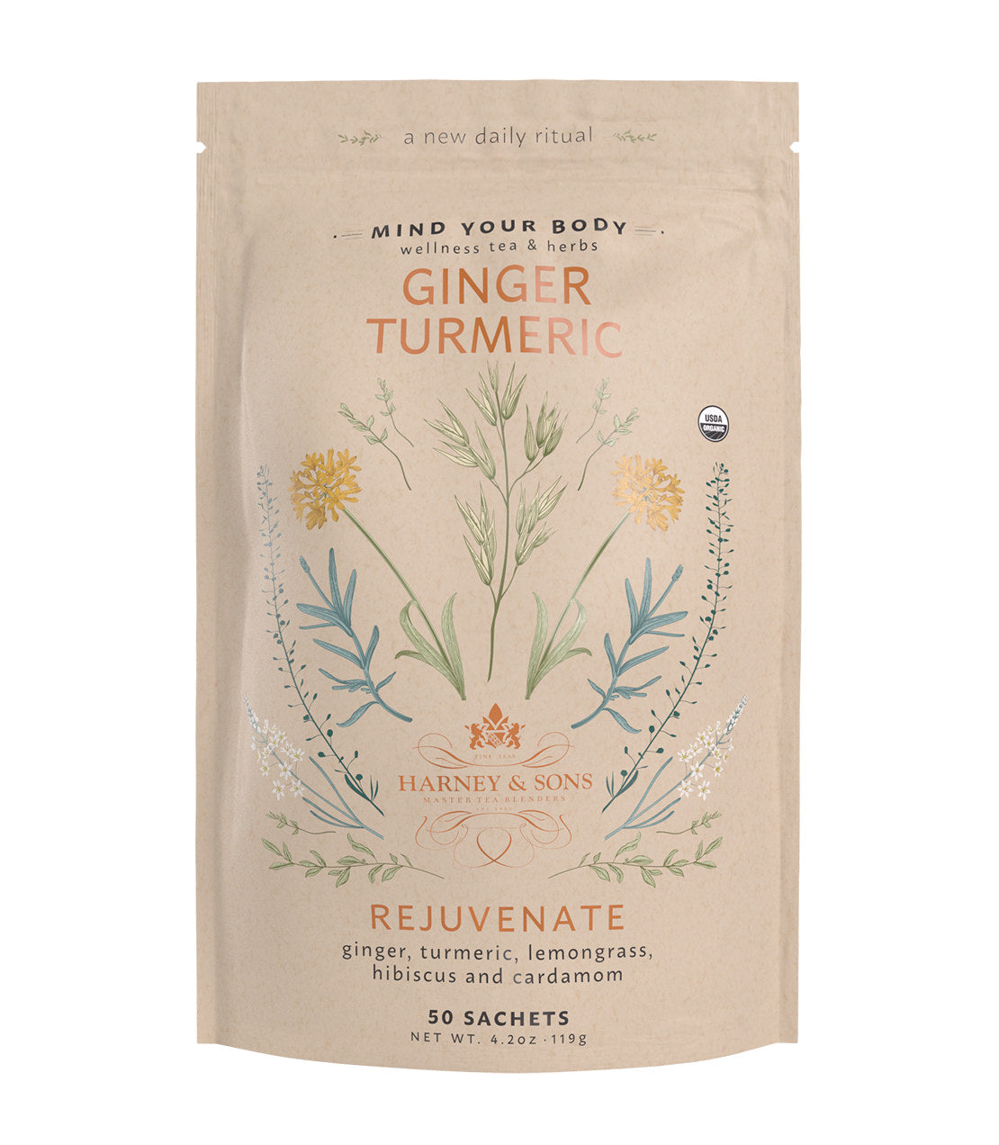 Harney & Sons Fine Teas- Organic Ginger Turmeric- Brown Bag of 50 Sachets- Rejuvenate