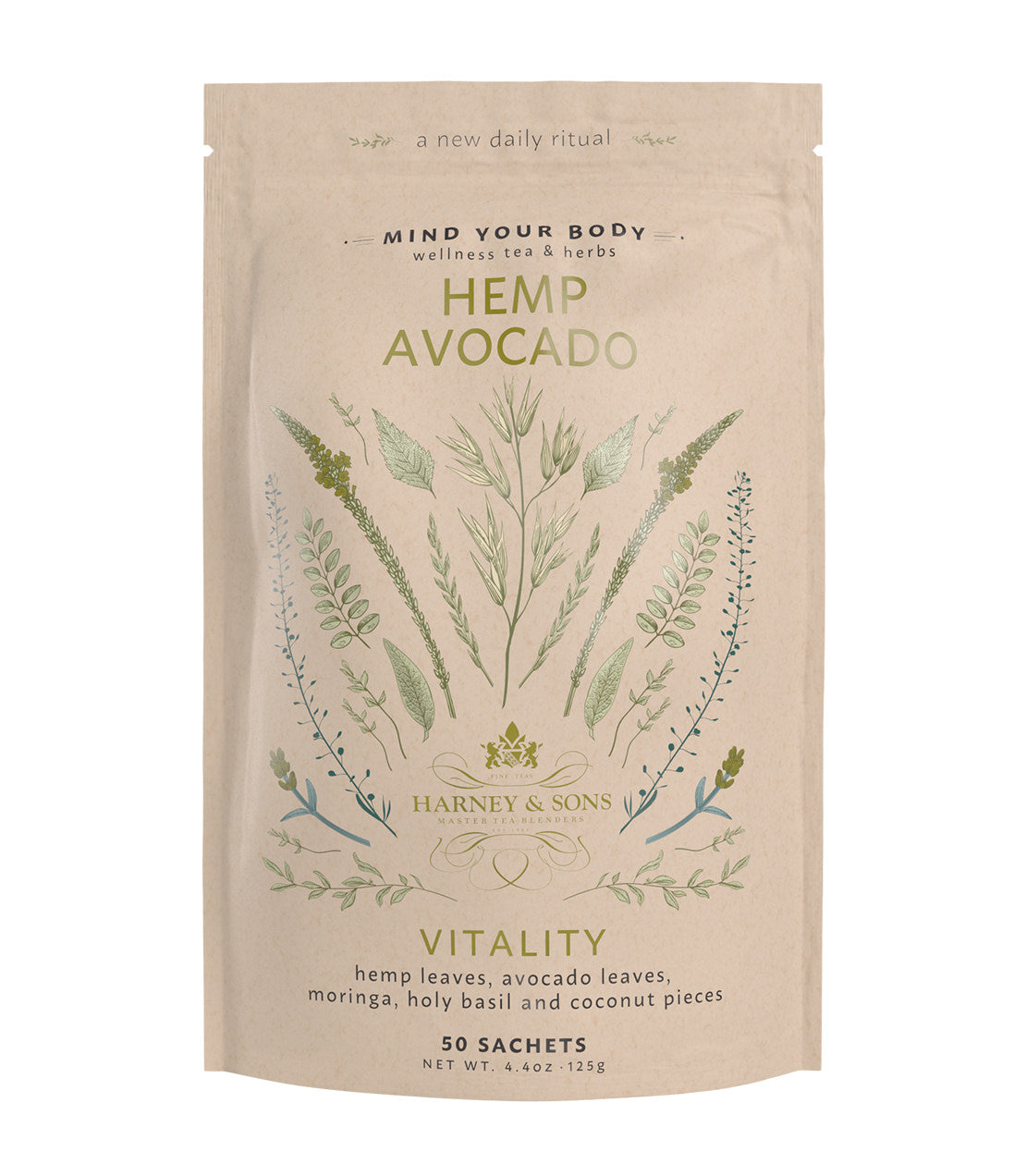 Bag of 50 Hemp Avocado sachets featuring wellness tea blend with hemp, avocado, moringa, and holy basil.