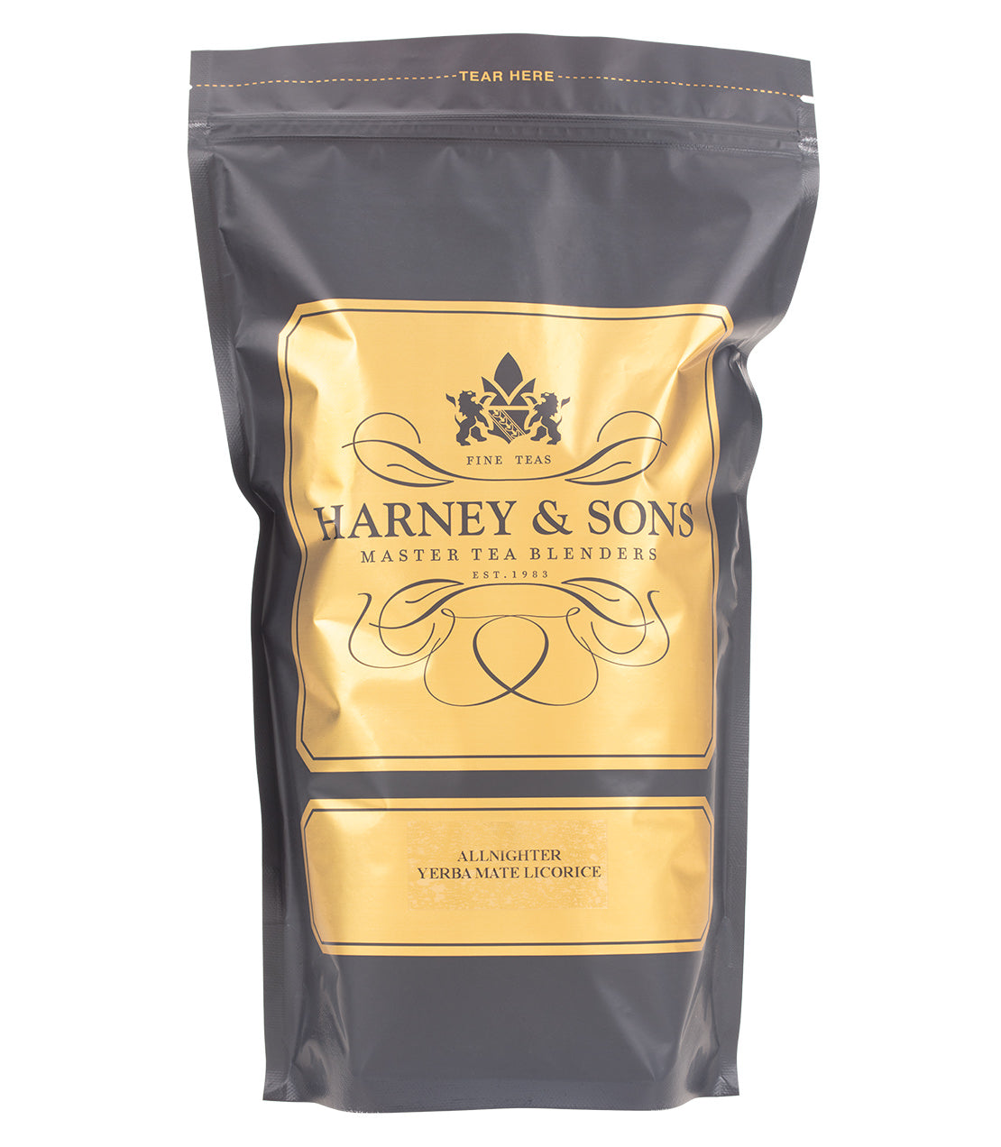 Harney & Sons Yerba Mate Licorice tea bag, featuring a sleek gray package with gold accents.