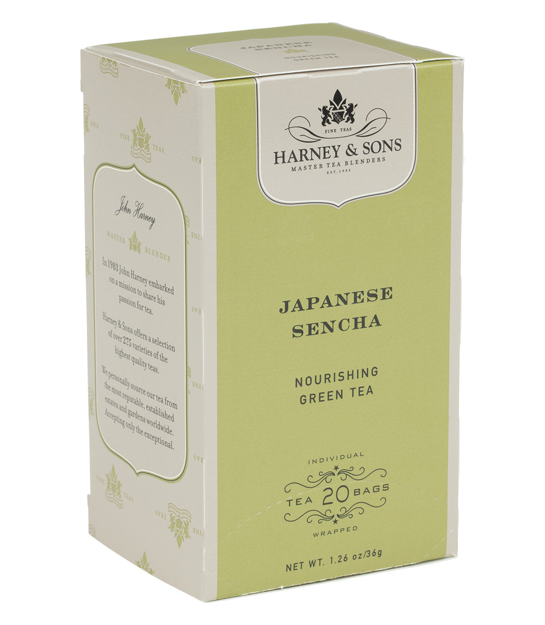 Harney & Sons Japanese Sencha green tea box, featuring 20 individually wrapped tea bags, 1.26 oz.