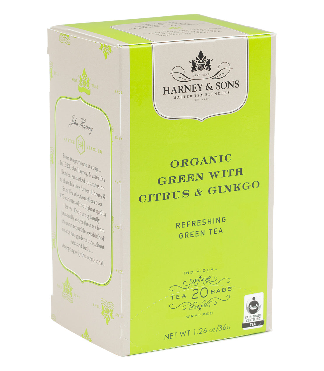 Harney & Sons Organic Green with Citrus & Ginkgo tea box, featuring 20 individually wrapped bags.