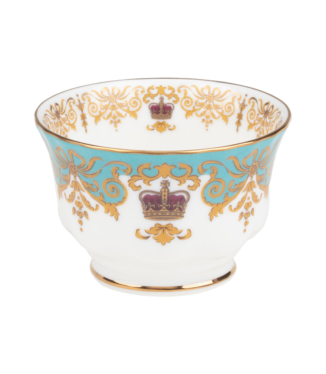 Elegant Historic Royal Palaces tea set featuring intricate gold and turquoise crown designs on fine porcelain.