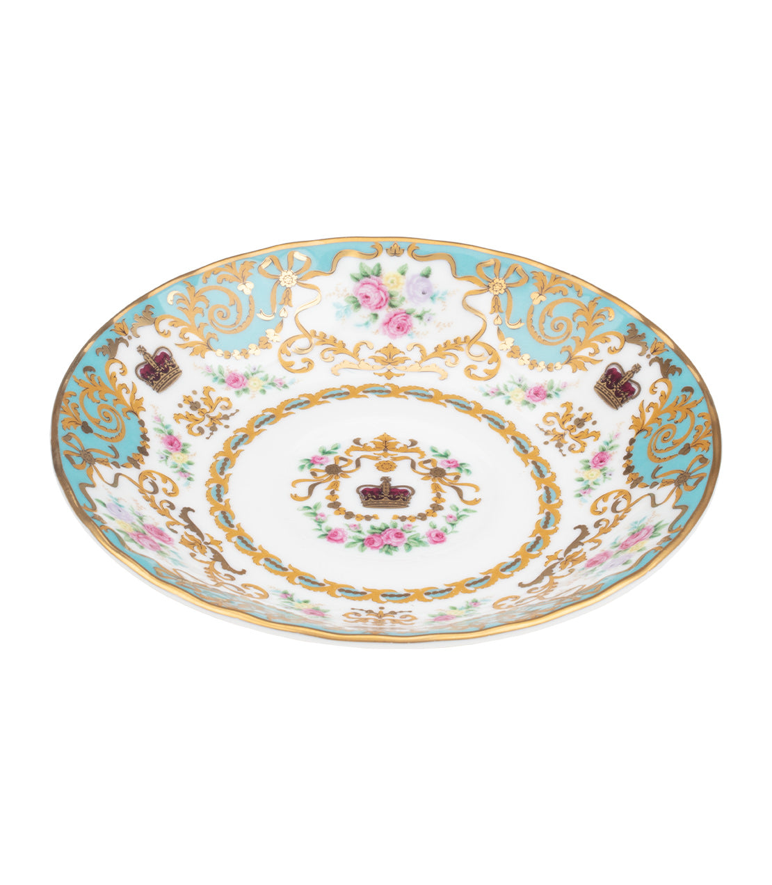 Elegant Historic Royal Palaces teacup and saucer featuring intricate floral designs and gold accents.