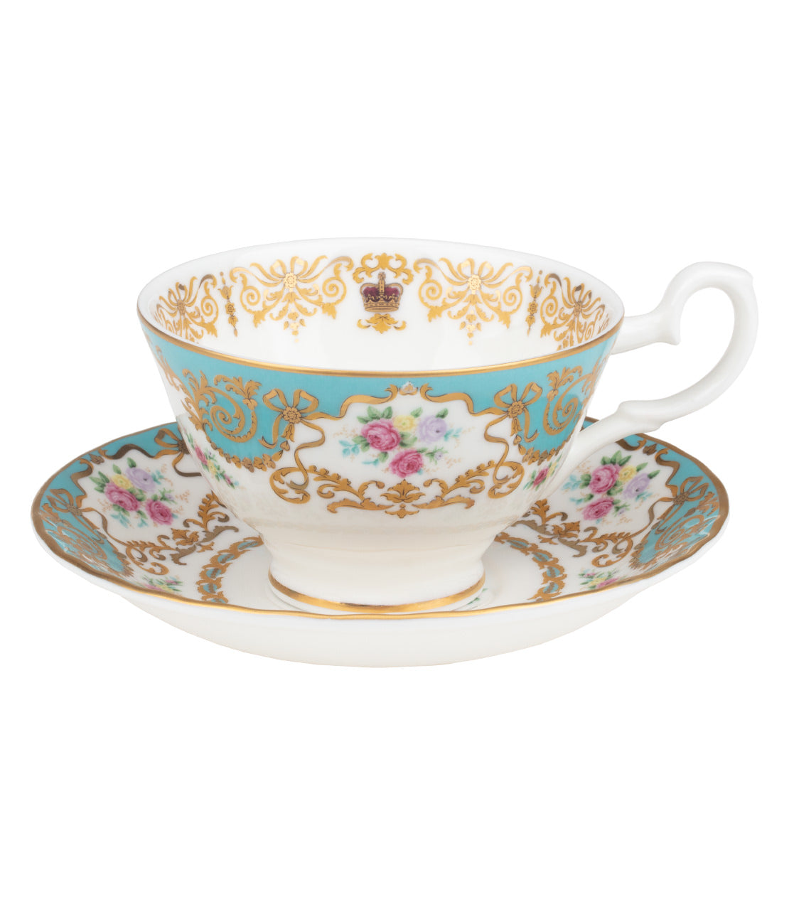 Elegant Historic Royal Palaces tea set featuring a floral design and gold detailing on a blue background.