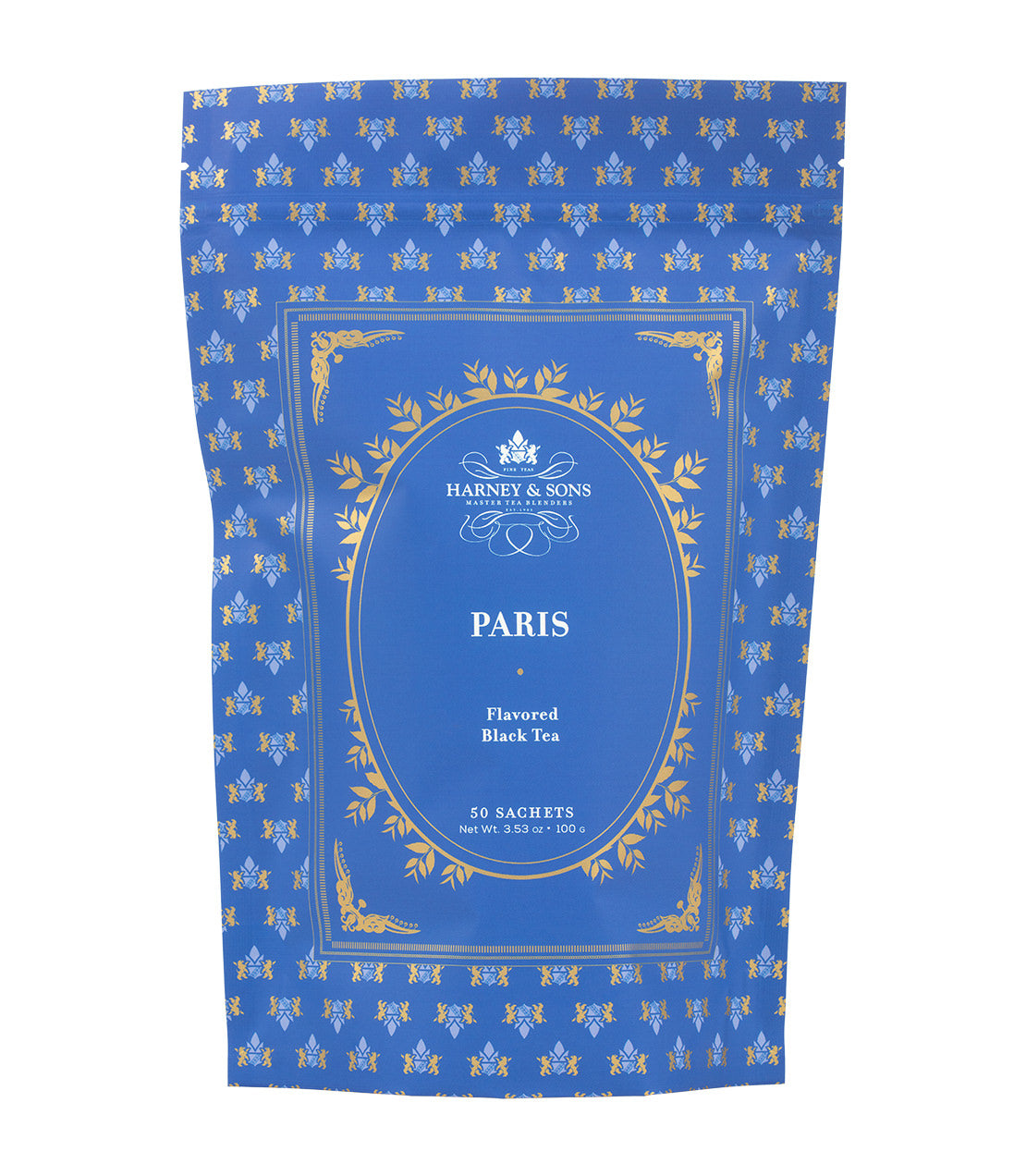 Harney & Sons Fine Teas- Paris- Bag of 50 Sachets- Blue bag with white font and gold highlights 