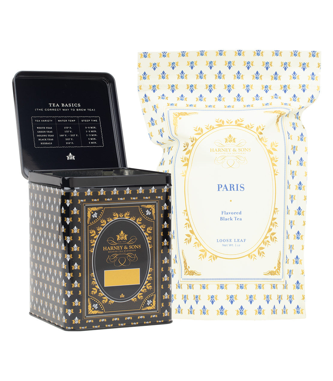 Harney & Sons Fine Teas- Hinged Storage Canister – Paris Loose Tea Bundle- Black Hinged Canister and White 1lb Bag of Loose Paris Tea