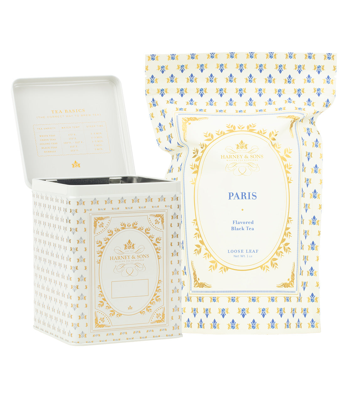 Harney & Sons Fine Teas- Hinged Storage Canister – Paris Loose Tea Bundle- Cream Hinged Canister and White 1lb Bag of Loose Paris Tea