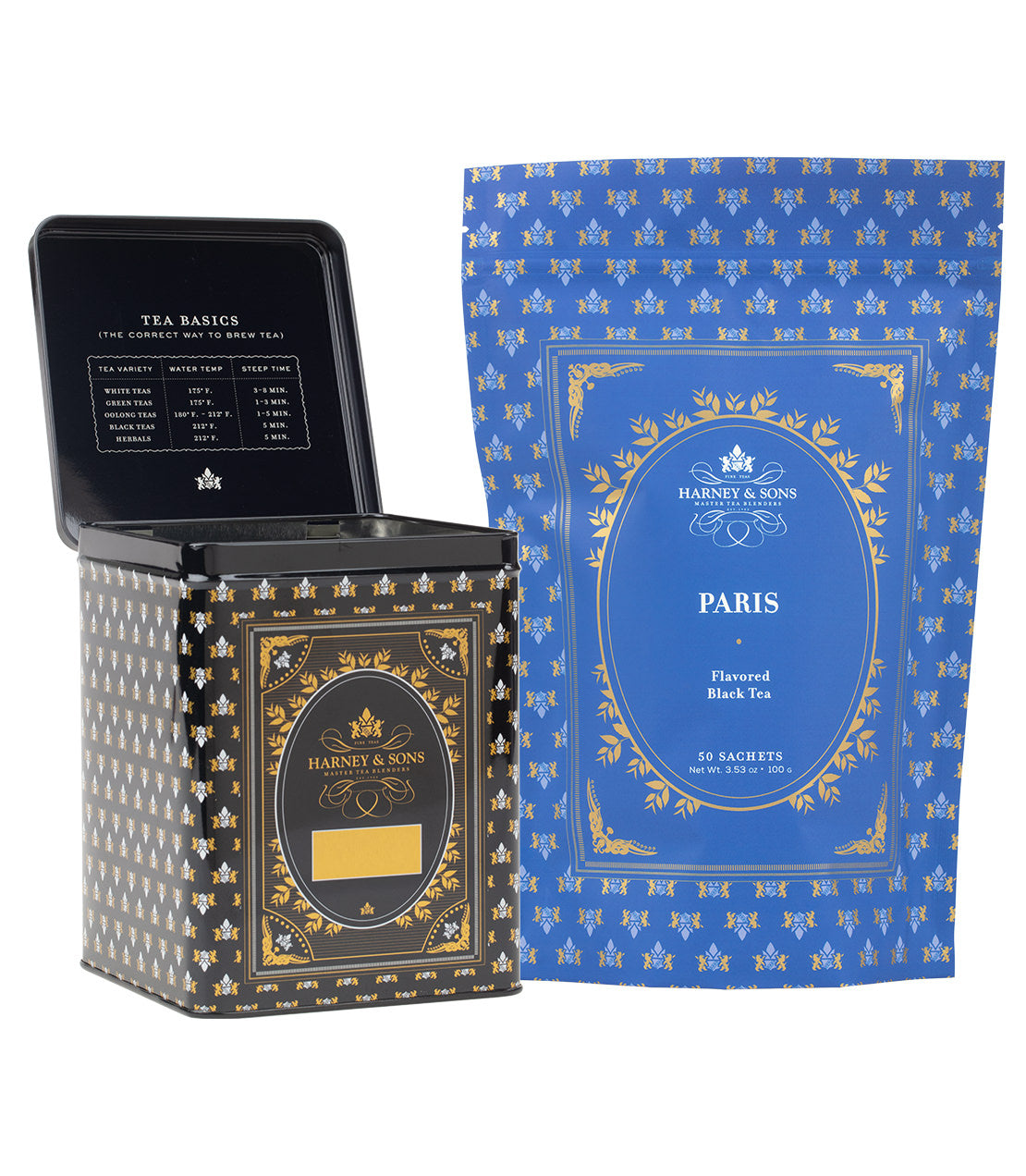 Harney& Sons Fine Teas- Paris Tea Bundle - 50 Sachets & Black Storage Canister- Black Storage Canister pictured with blue bag of 50 sachets