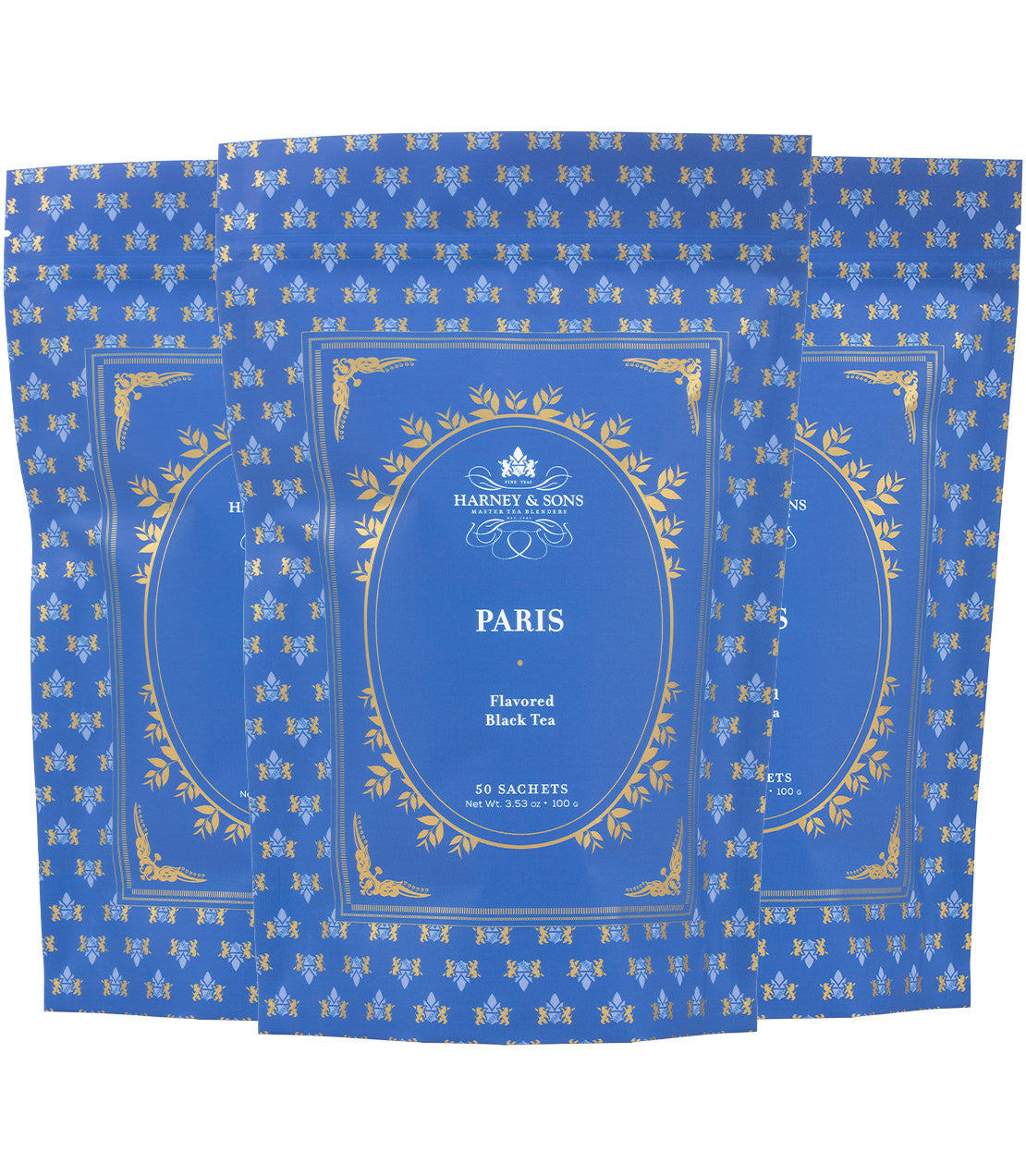 Harney & Sons Fine Teas- Paris Sachet Trio- 3 Bags of 50 Sachets- Blue bags with white font and gold highlights 