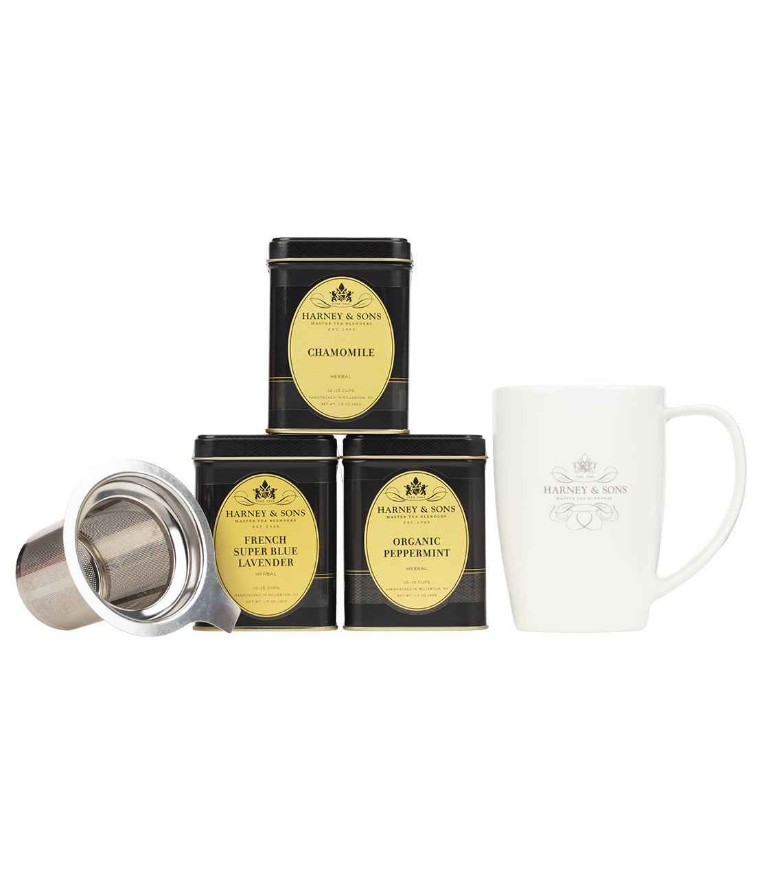 Harney & Sons Fine Teas- Bundles- The Herbal Ritual Kit- Stainless Steel Strainer- White Harney & Sons Logo Mug- 3 Black and Gold 1.5oz tins of loose tea including Chamomile, French Super Blue Lavender, and Organic Peppermint