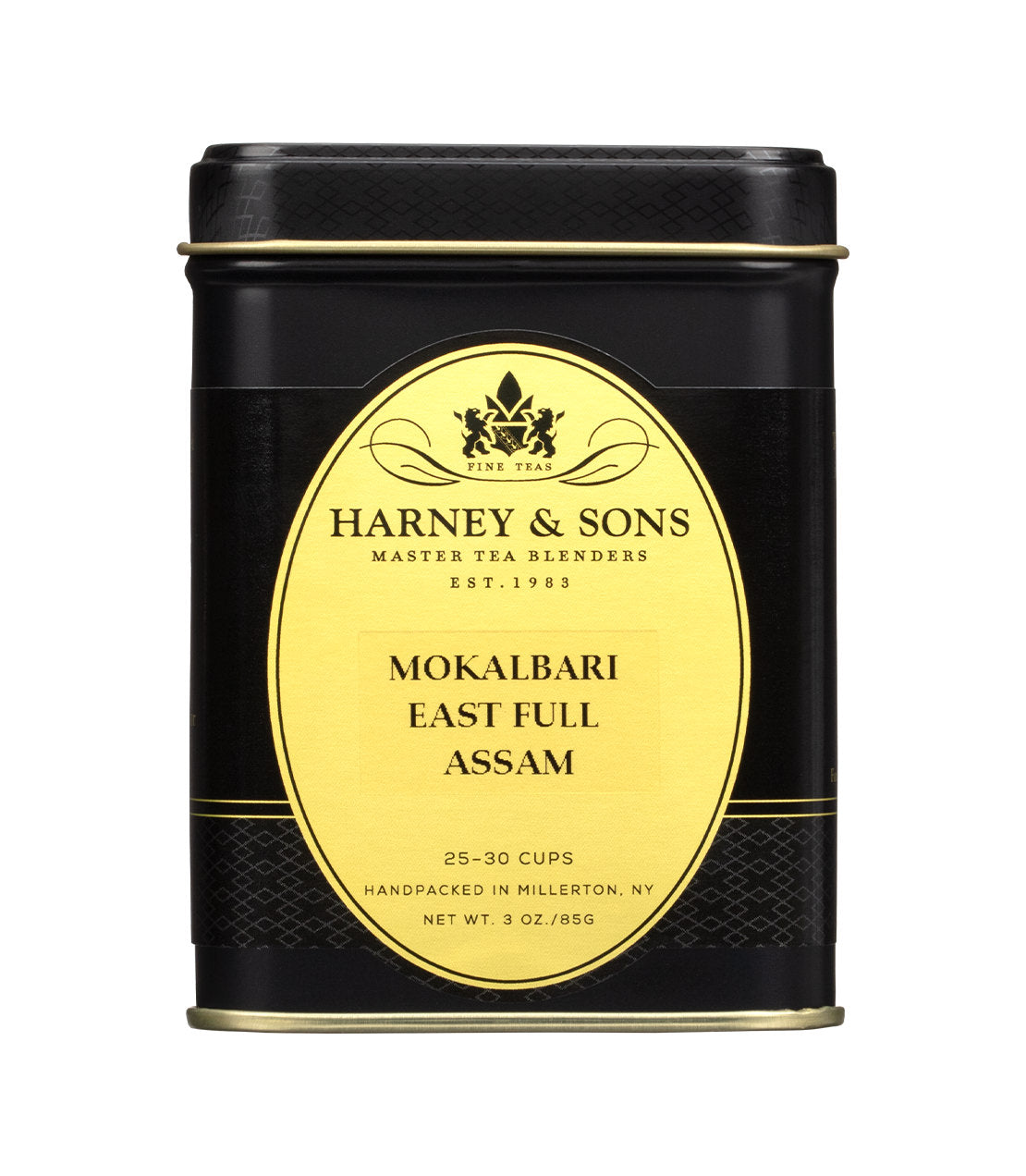 Mokalbari East Full Assam tea tin by Harney & Sons, 3 oz, designed for 25-30 cups, elegant black packaging.