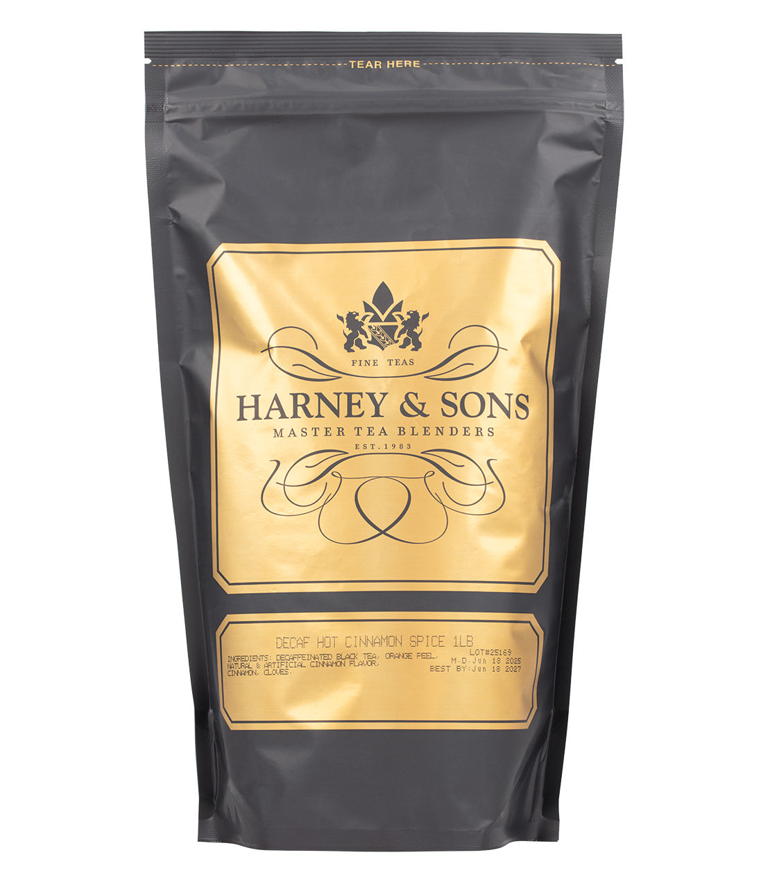 Harney & Sons Fine Teas- Decaf Hot Cinnamon Spice- 1 Pound/16OZ Bag- Black and Gold Bag