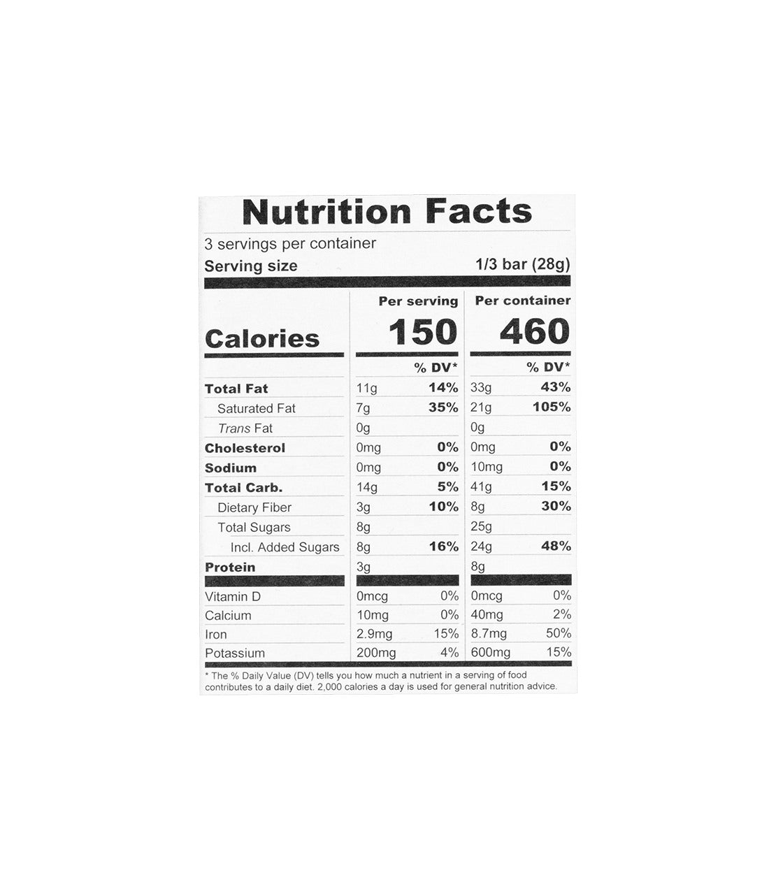 Nutrition facts label for Moonstruck Chocolate Bar, detailing calories, fat, sugar, and protein content per serving.