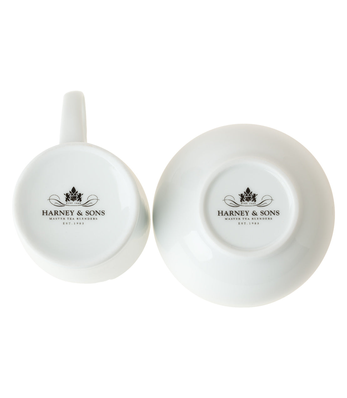 Harney & Sons logo tasting cup set featuring a white cup and saucer with elegant branding.