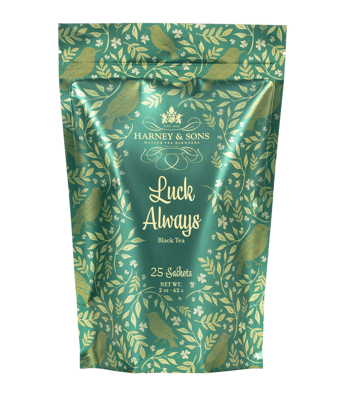 Harney & Sons Fine Teas- Luck Always- Black Tea- Green Bag of 25 Sachets with Birds and Branches 