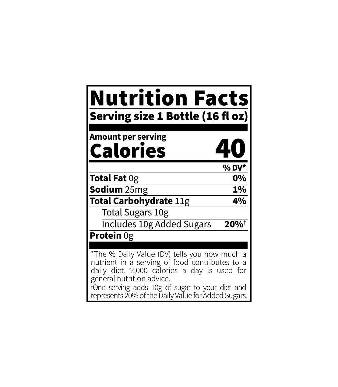 Harney & Sons Fine Teas- Colonial Williamsburg- 16 FL OZ Bottle- Black Iced Tea Nutrition Facts- Serving Size 1 Bottle- Amount per serving- 40 Calories per serving- Total Fat 0g- Sodium 25mg- Total Carbohydrate 11g- Total Sugars 10g- Includes 10g Added Sugars- Protein 0g