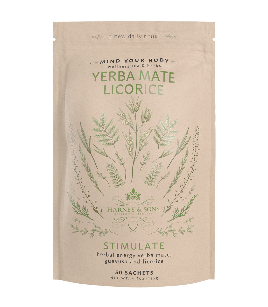 Harney & Sons Yerba Mate Licorice tea packaging, featuring herbal illustrations and 50 sachets for energy.
