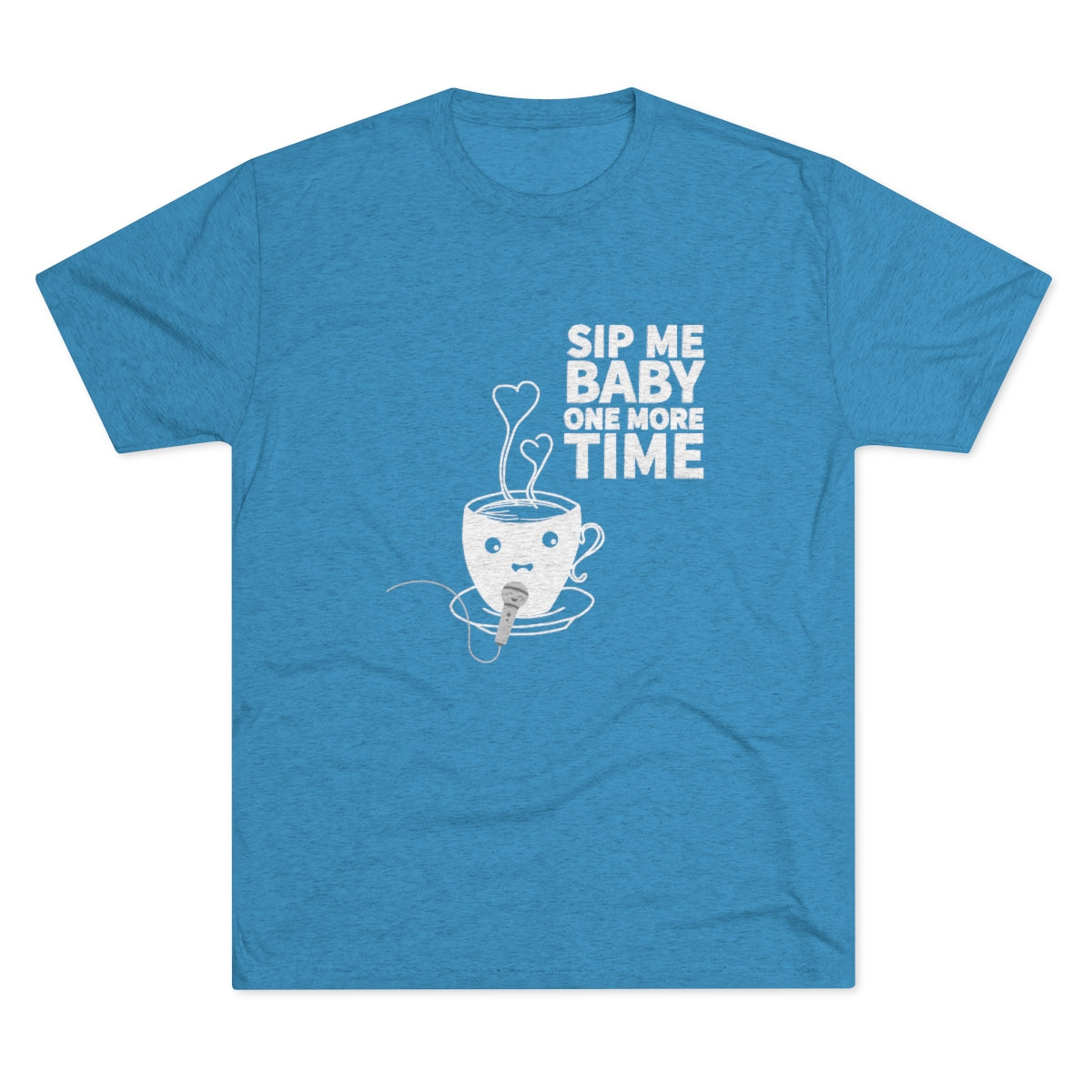 Blue graphic tee featuring a playful coffee cup design with the text "Sip Me Baby One More Time.