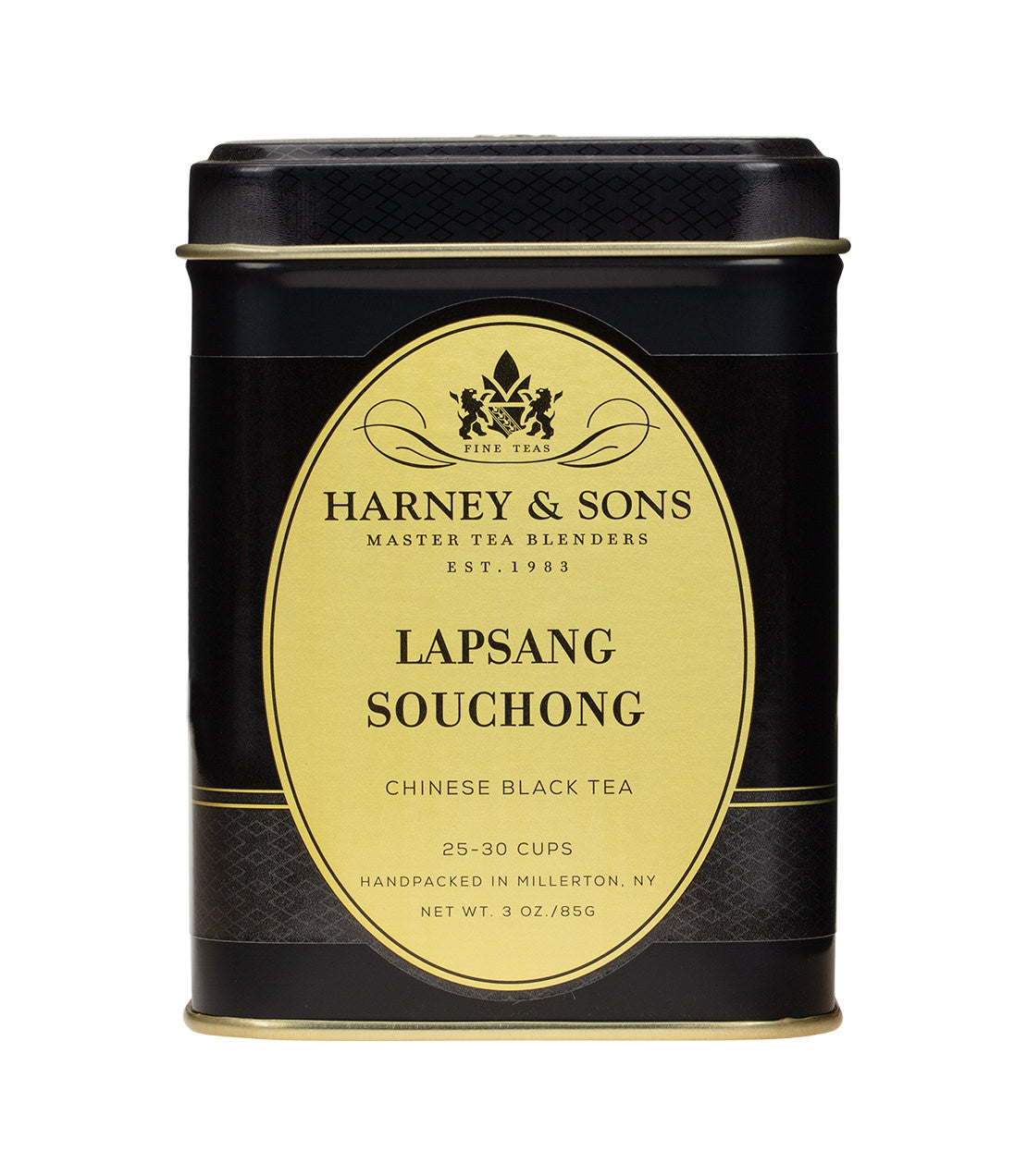Black tea tin of Lapsang Souchong by Harney & Sons, featuring a gold label and black packaging, 3 oz. size.
