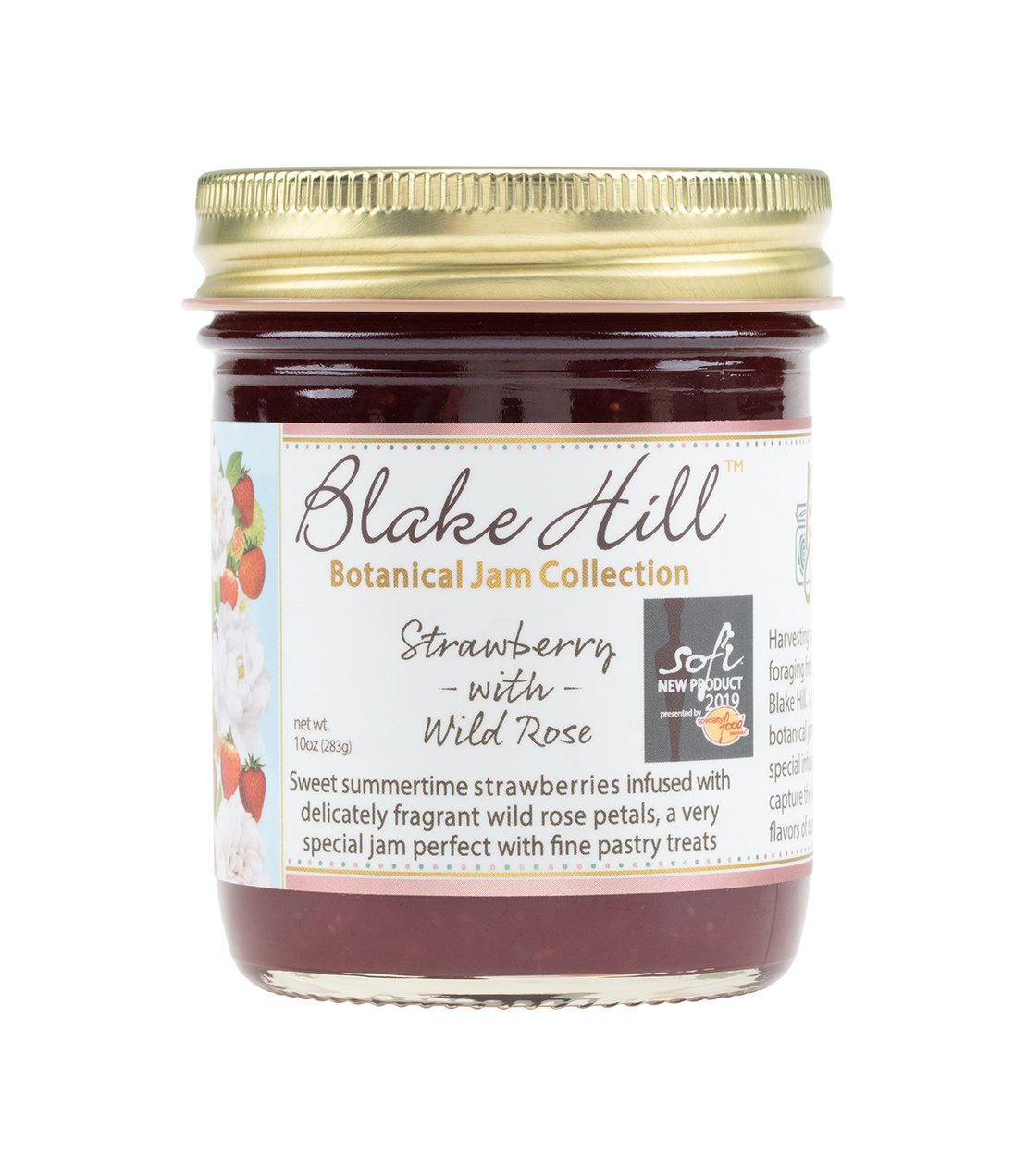 Blake Hill Strawberry with Wild Rose Marmalade jar, featuring a gold lid and floral label design.