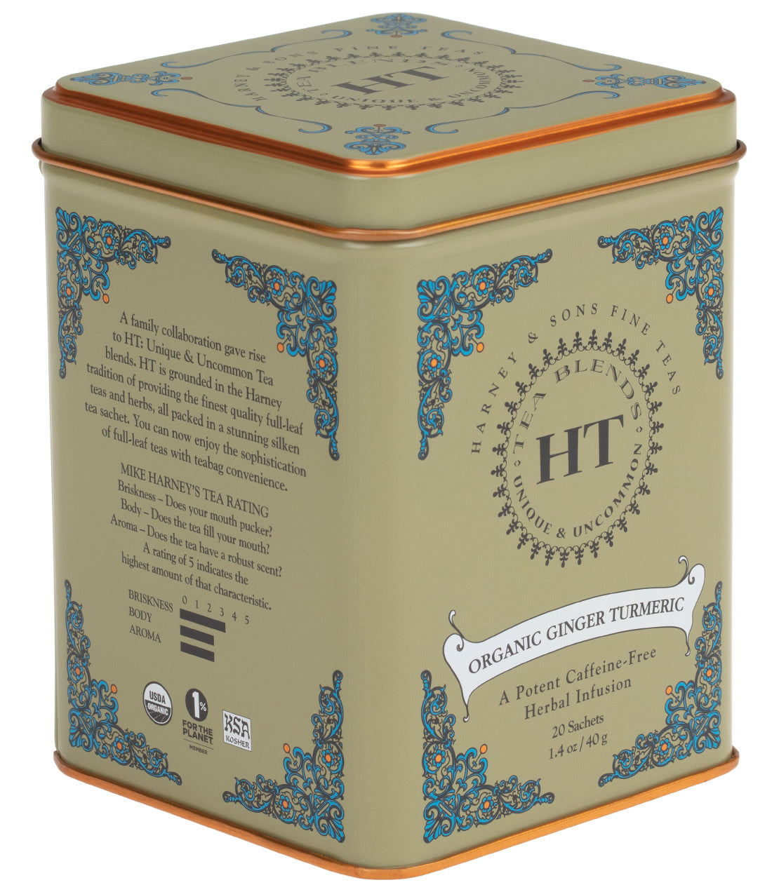 Organic Ginger Turmeric tea tin featuring 20 caffeine-free herbal infusion sachets, elegantly designed packaging.