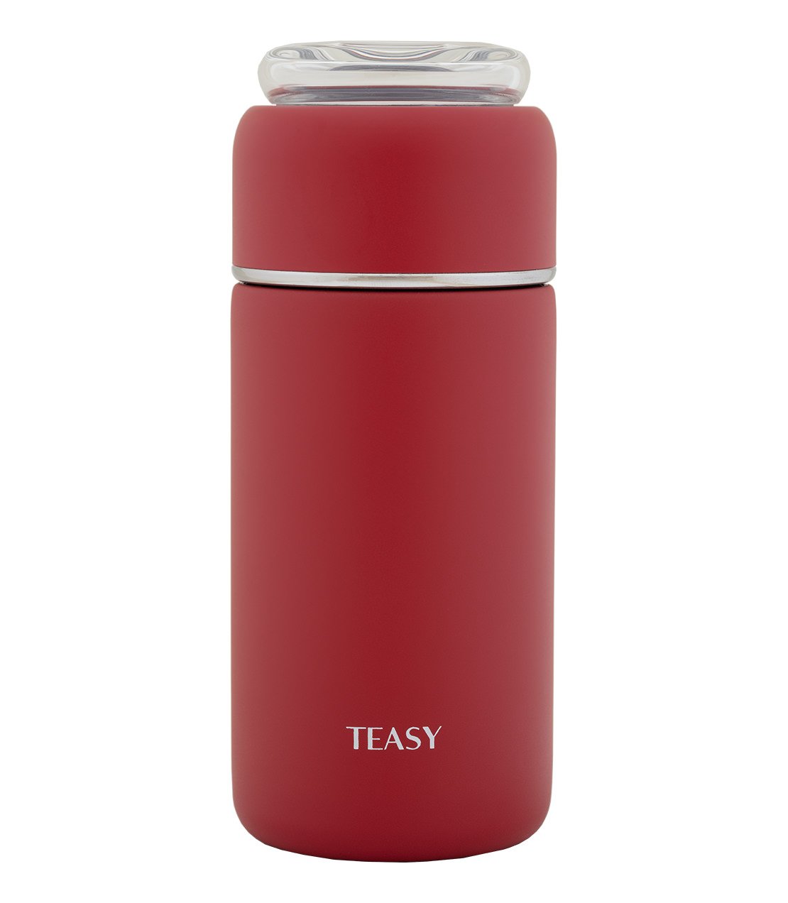 Teasy Insulated Flask in red, featuring a sleek design and a clear lid, perfect for keeping beverages hot or cold.