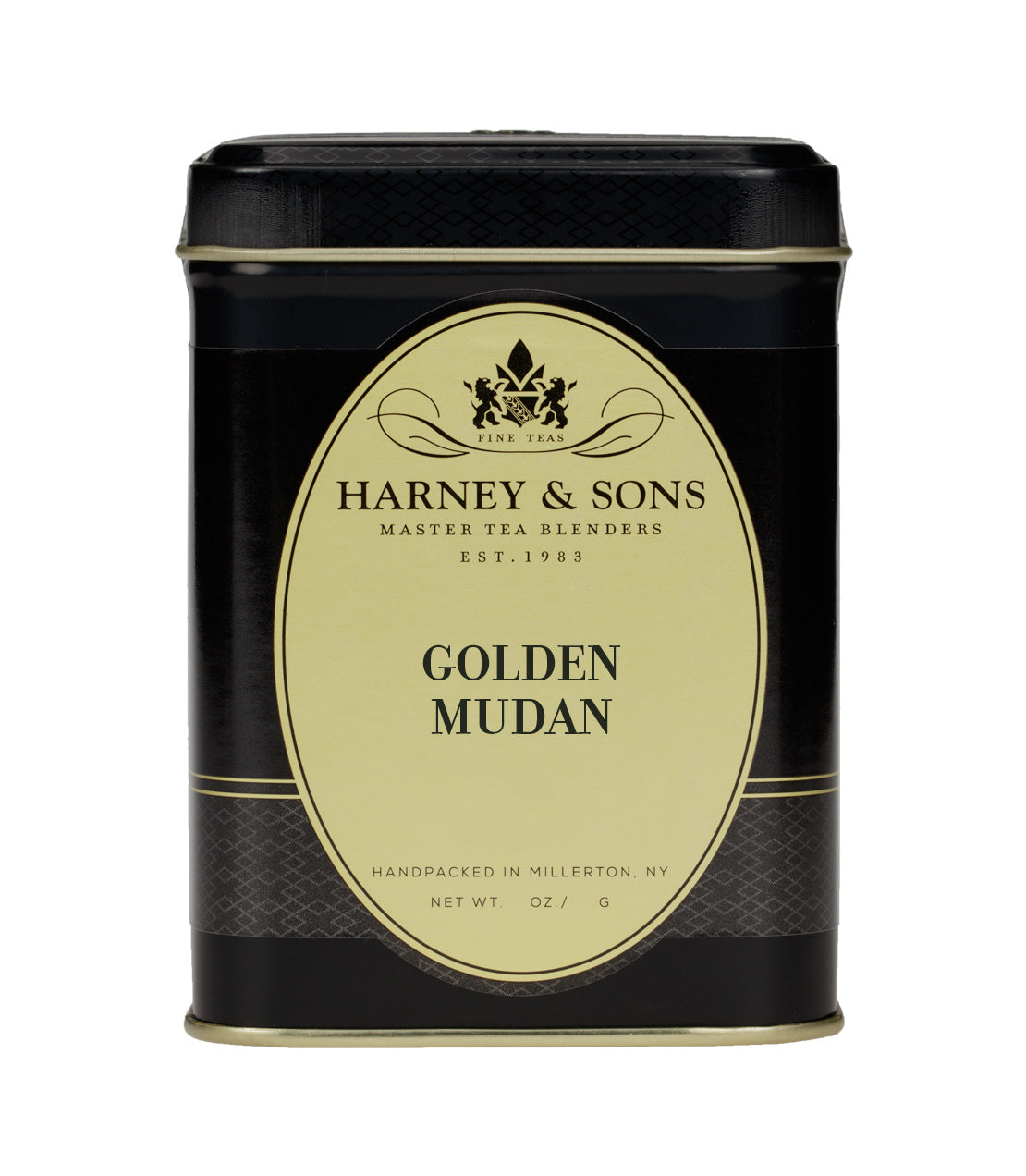 Harney & Sons Golden Mudan tea tin, black and gold design, 3 oz, handpacked in Millerton, NY.