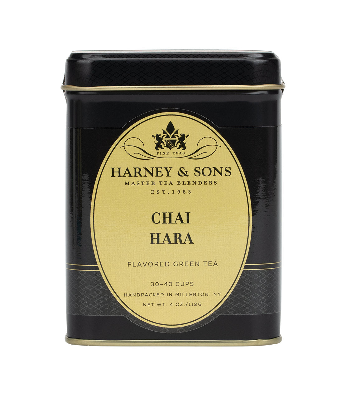 Harney & Sons Chai Hara green tea tin, 4 oz, featuring a gold label and black packaging design.