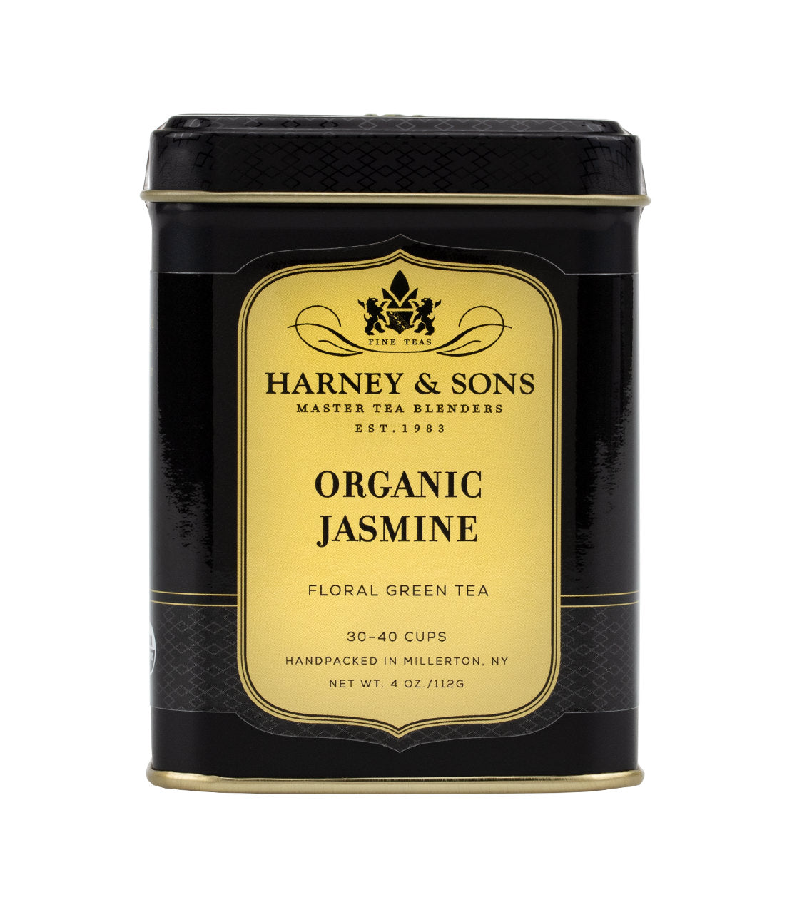 Black tin of Harney & Sons Organic Jasmine tea, labeled for floral green tea, 4 oz, handpacked in NY.