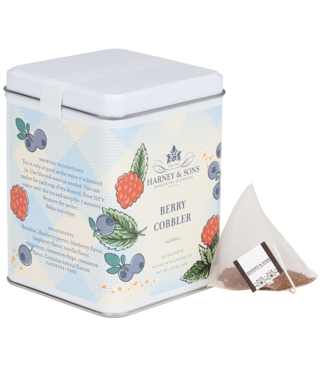 Harney & Sons Berry Cobbler herbal tea tin, featuring 20 sachets with berry illustrations and ingredients listed.